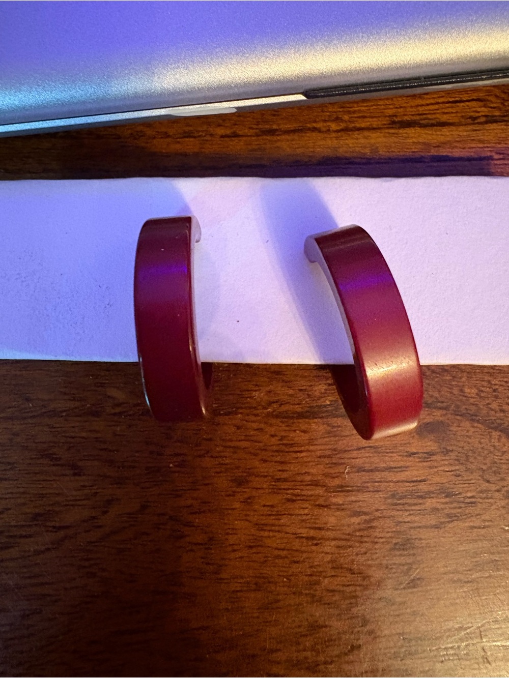 Vintage Maroon Lucite Kim Signed Hoop Earrings